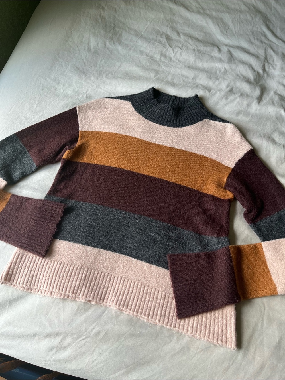 Express Striped Mock-Neck Sweater in Pink, Mustard, Charcoal & Burgundy